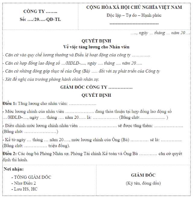 Mẫu quyết định tăng lương
